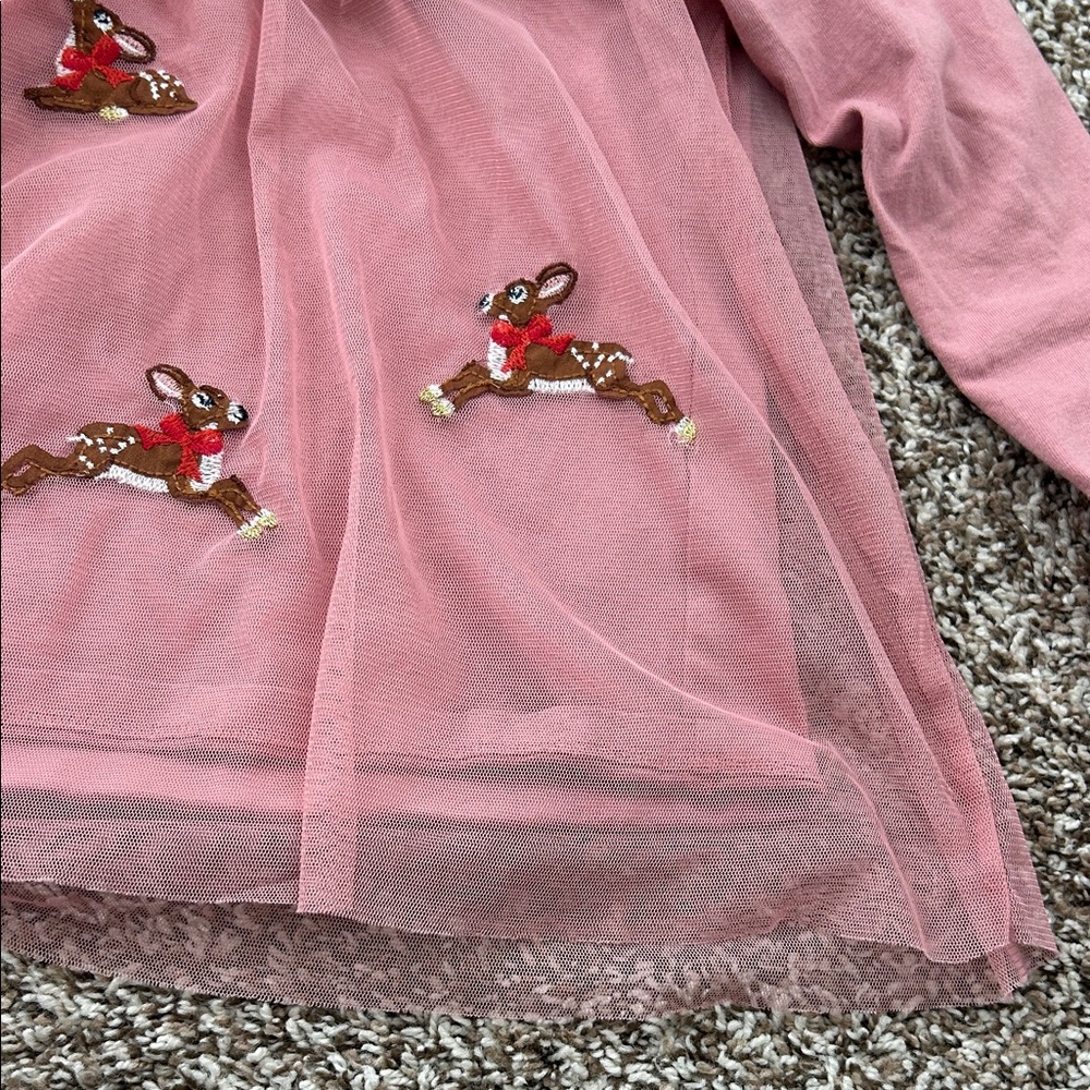 Mini Boden Girls' Pink Tulle Long-Sleeve Top with Reindeer Embroidery - Picture 2 of 5